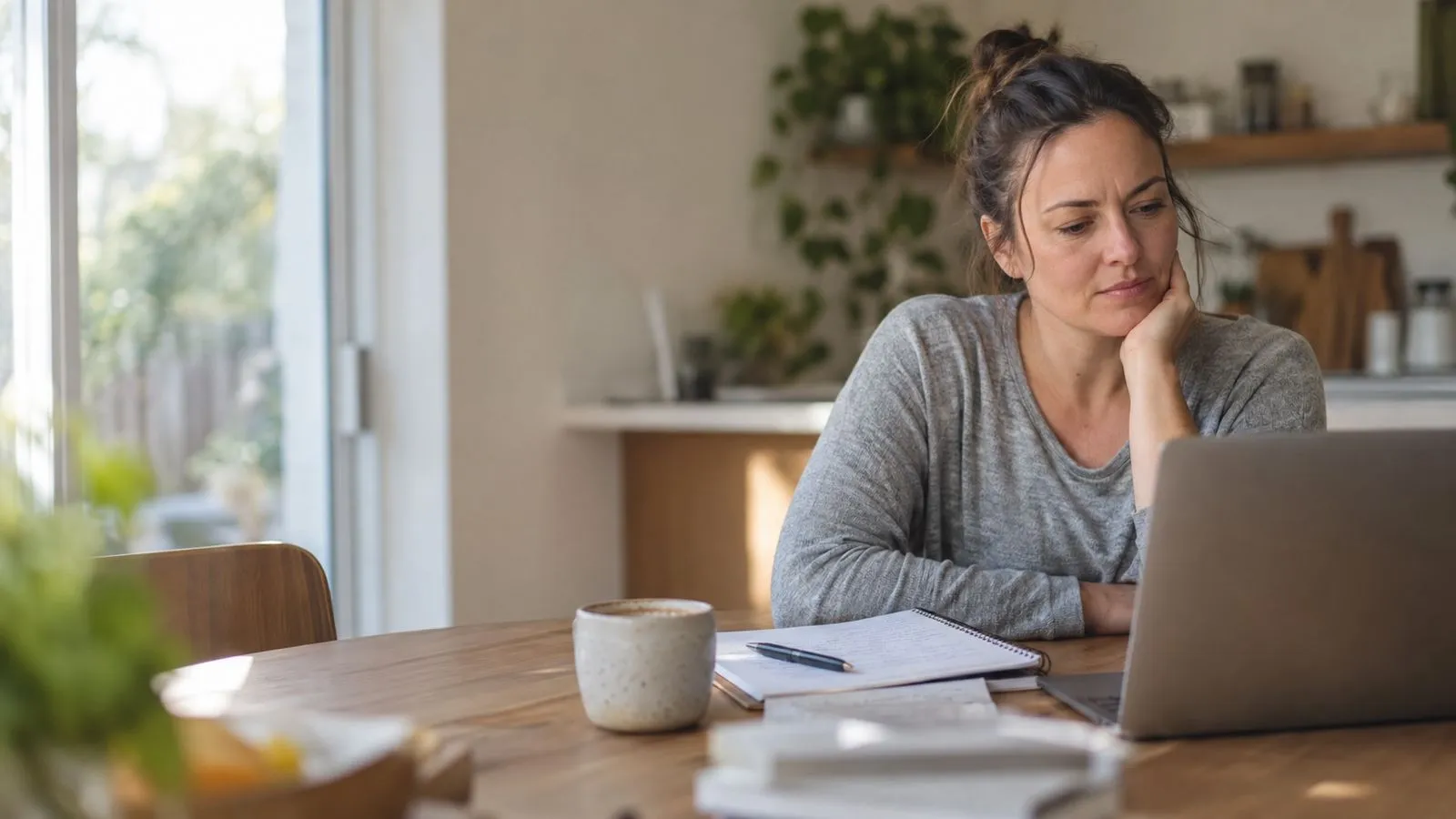 An Australian woman in her late thirties researching overseas surgery options at her kitchen table with a laptop and handwritten notes