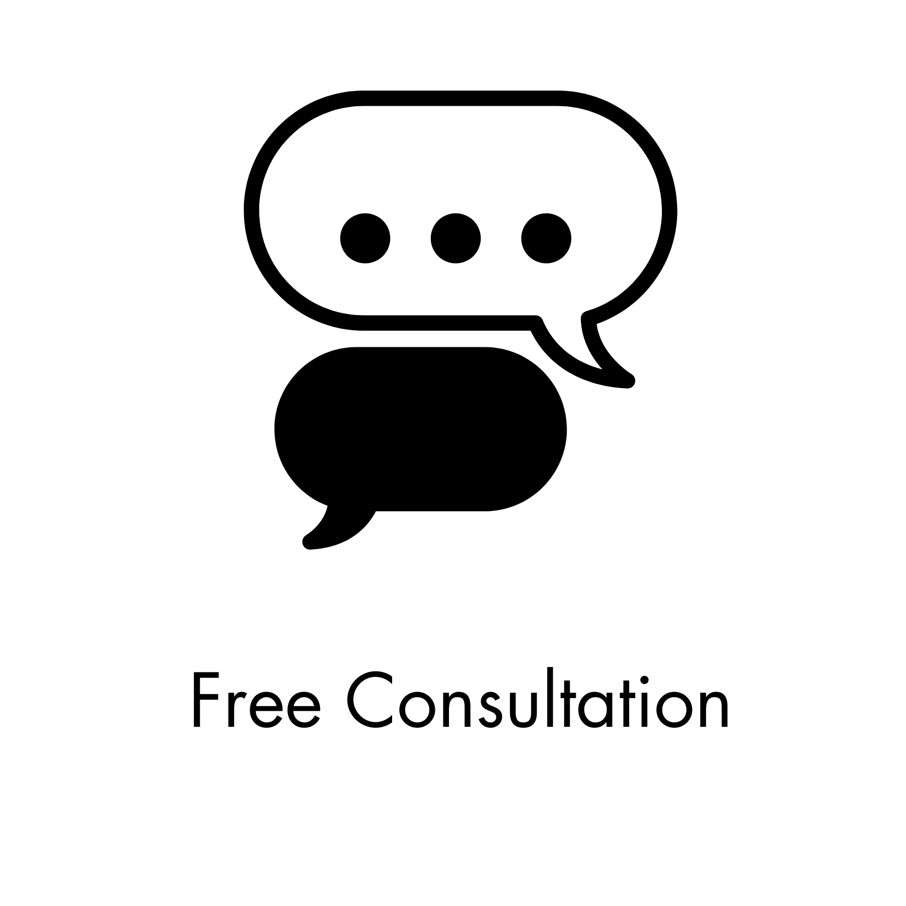 Icon 1 Free Consult Chat Bubbles Icon in Black with writing below.