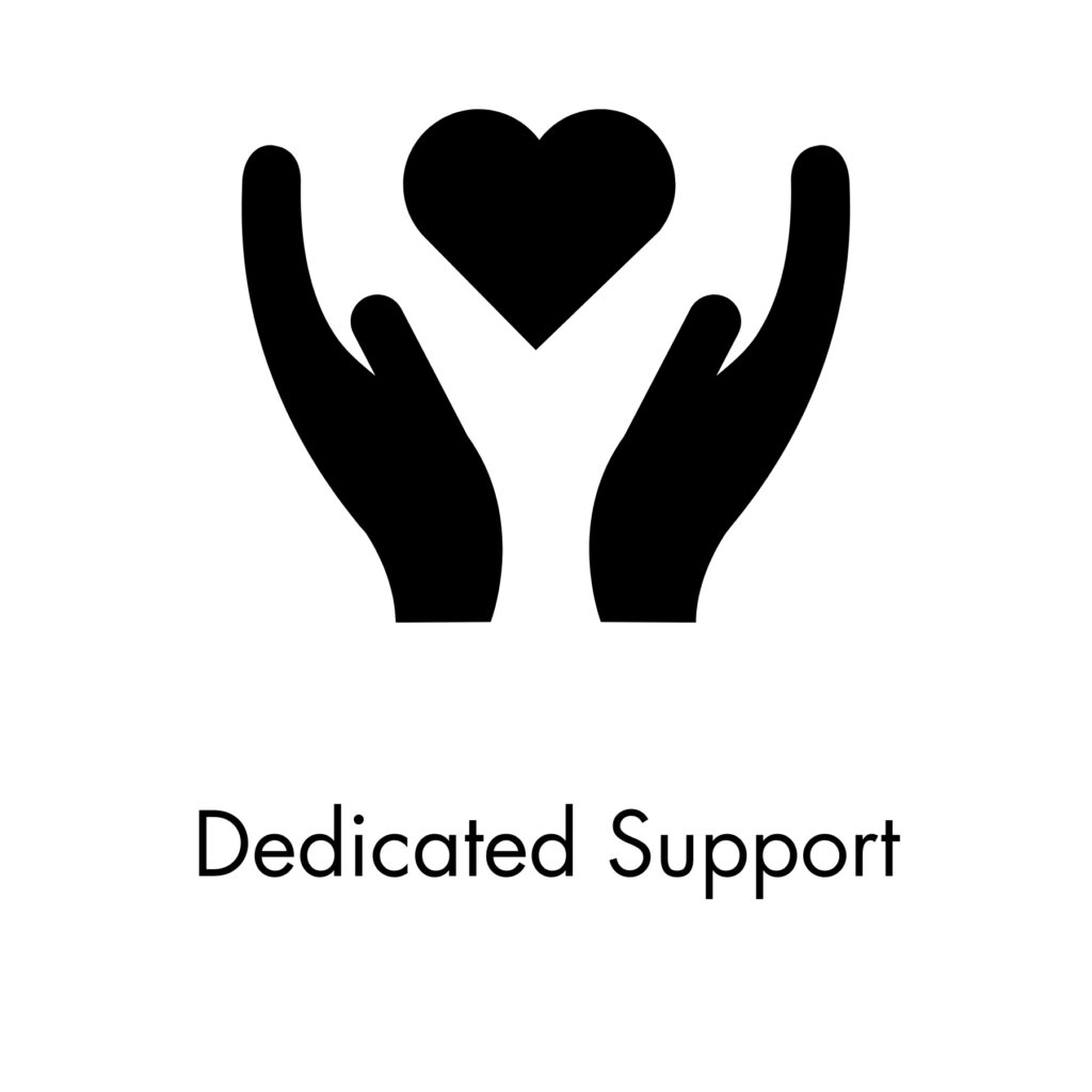 Icon 2, Showing Support with 2 hands holding a heart, black color with writing below