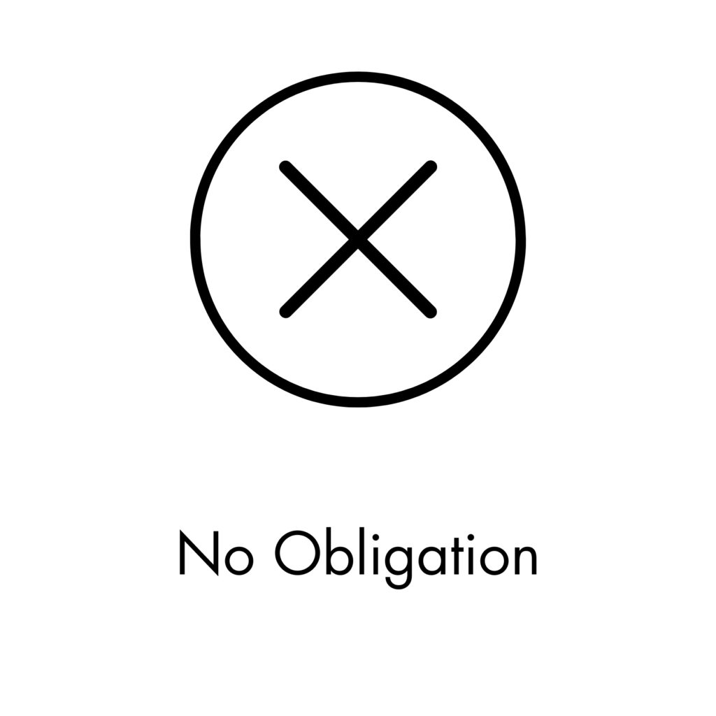 No Obligation Icon in Black, a cross in a circle with writing below.
